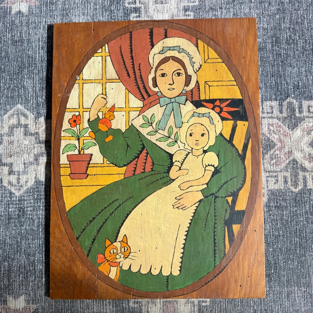 Vintage Folk Art Wood Painting Wall Decor Mother Child Cat Primitive Americana